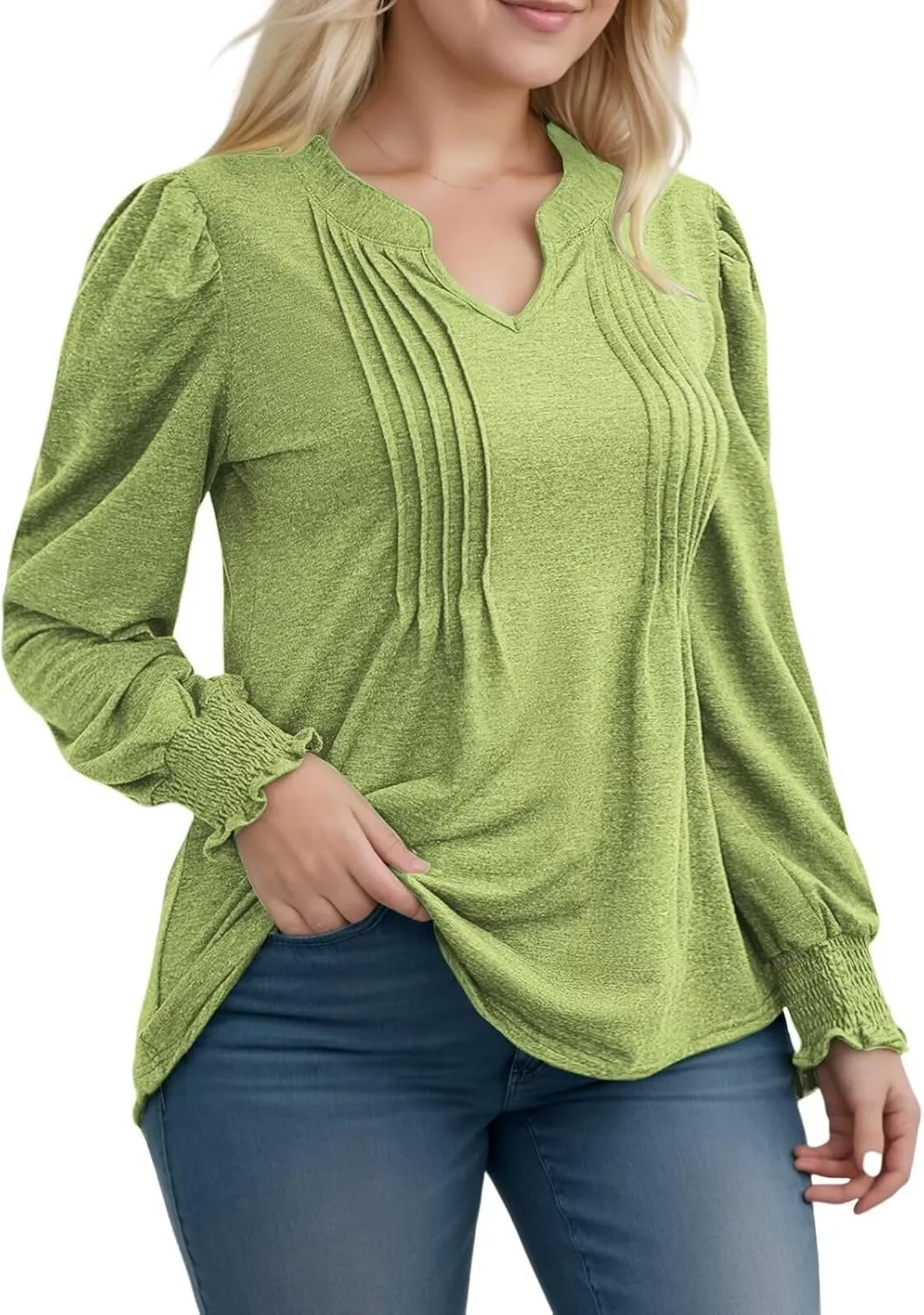 DOLNINE Plus-Size-Tops for Women Notch V Neck Puff Long Sleeve T Shirts Casual Pleated Trendy Smocked Cuffs Tee Tunics XL-5XL
