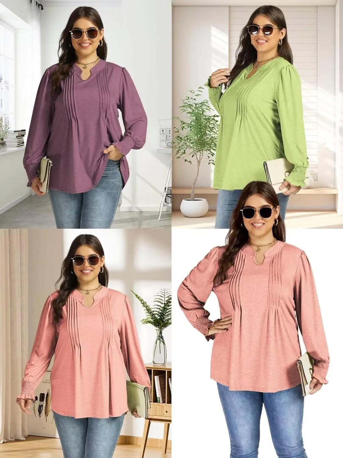 DOLNINE Plus-Size-Tops for Women Notch V Neck Puff Long Sleeve T Shirts Casual Pleated Trendy Smocked Cuffs Tee Tunics XL-5XL