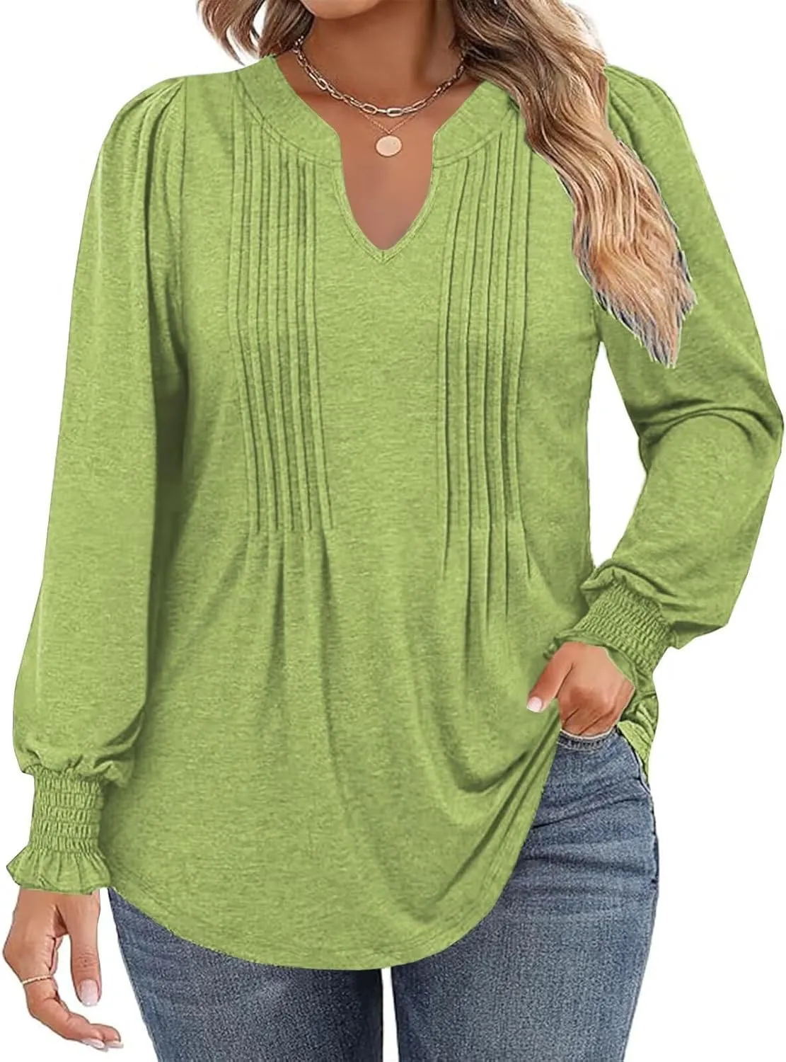 DOLNINE Plus-Size-Tops for Women Notch V Neck Puff Long Sleeve T Shirts Casual Pleated Trendy Smocked Cuffs Tee Tunics XL-5XL