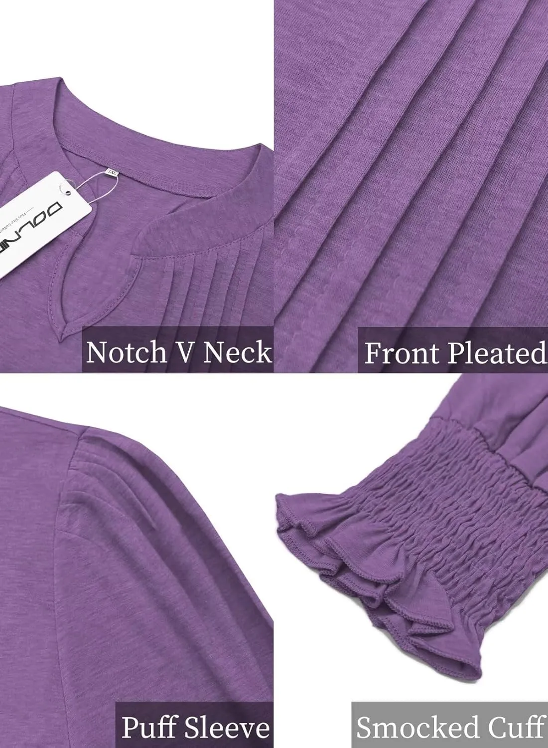 DOLNINE Plus-Size-Tops for Women Notch V Neck Puff Long Sleeve T Shirts Casual Pleated Trendy Smocked Cuffs Tee Tunics XL-5XL