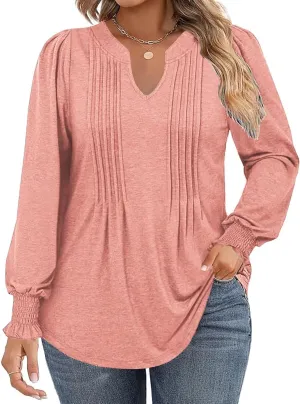 DOLNINE Plus-Size-Tops for Women Notch V Neck Puff Long Sleeve T Shirts Casual Pleated Trendy Smocked Cuffs Tee Tunics XL-5XL