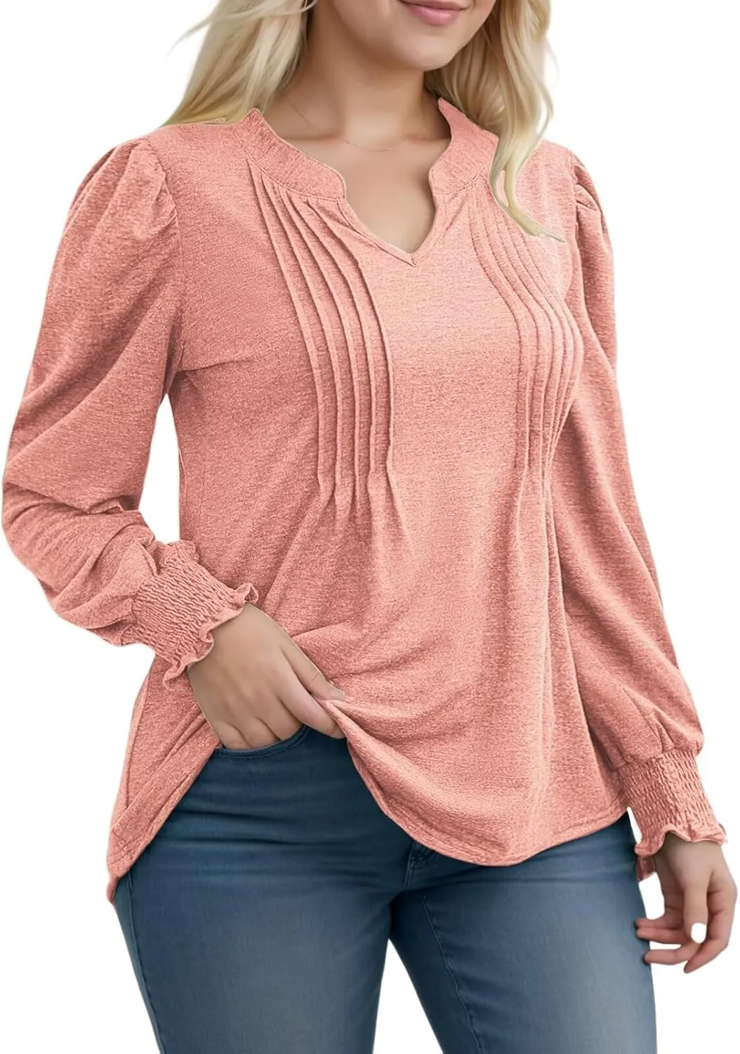 DOLNINE Plus-Size-Tops for Women Notch V Neck Puff Long Sleeve T Shirts Casual Pleated Trendy Smocked Cuffs Tee Tunics XL-5XL