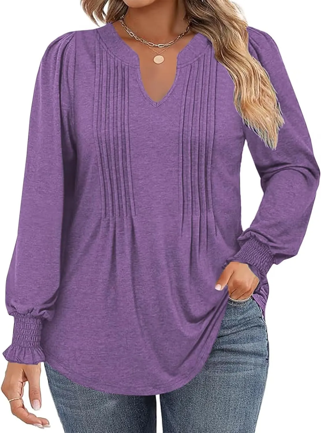 DOLNINE Plus-Size-Tops for Women Notch V Neck Puff Long Sleeve T Shirts Casual Pleated Trendy Smocked Cuffs Tee Tunics XL-5XL
