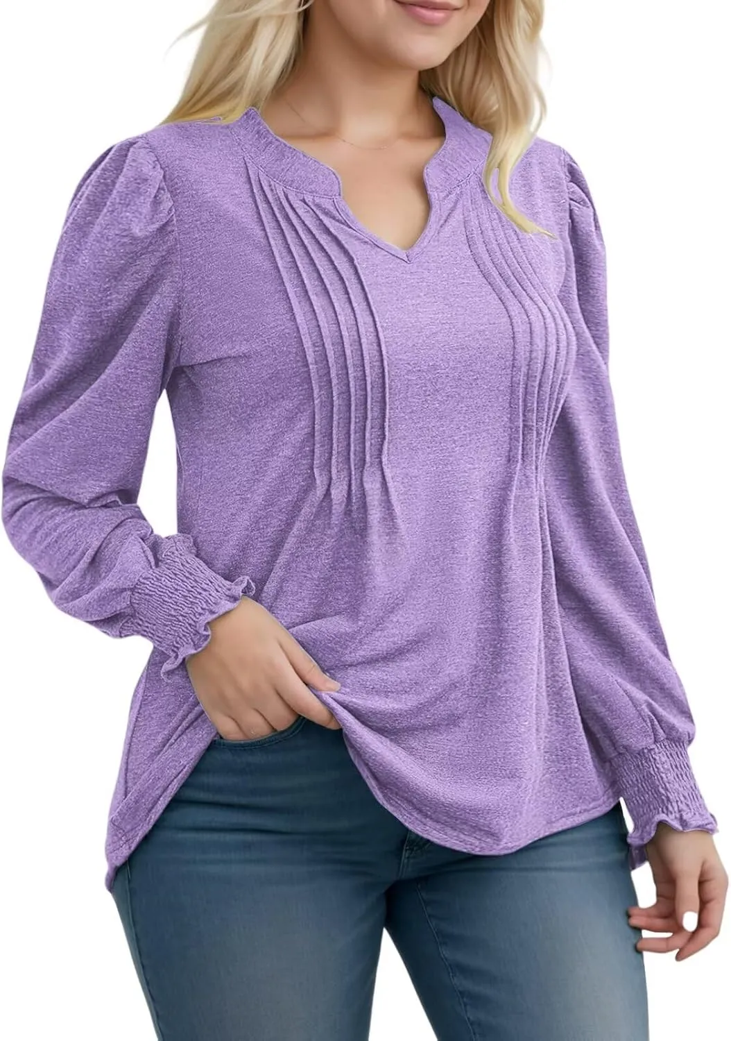 DOLNINE Plus-Size-Tops for Women Notch V Neck Puff Long Sleeve T Shirts Casual Pleated Trendy Smocked Cuffs Tee Tunics XL-5XL