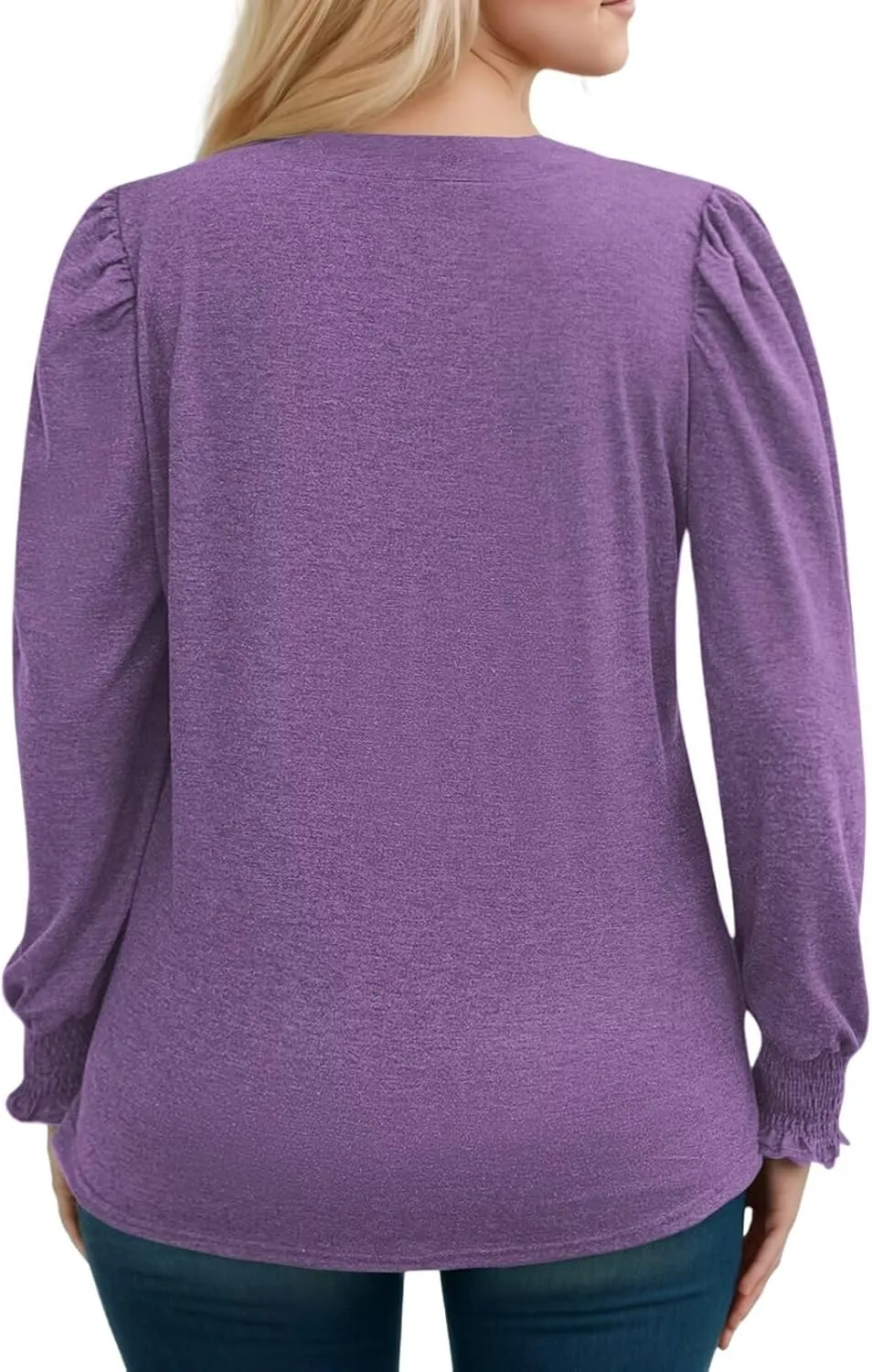 DOLNINE Plus-Size-Tops for Women Notch V Neck Puff Long Sleeve T Shirts Casual Pleated Trendy Smocked Cuffs Tee Tunics XL-5XL