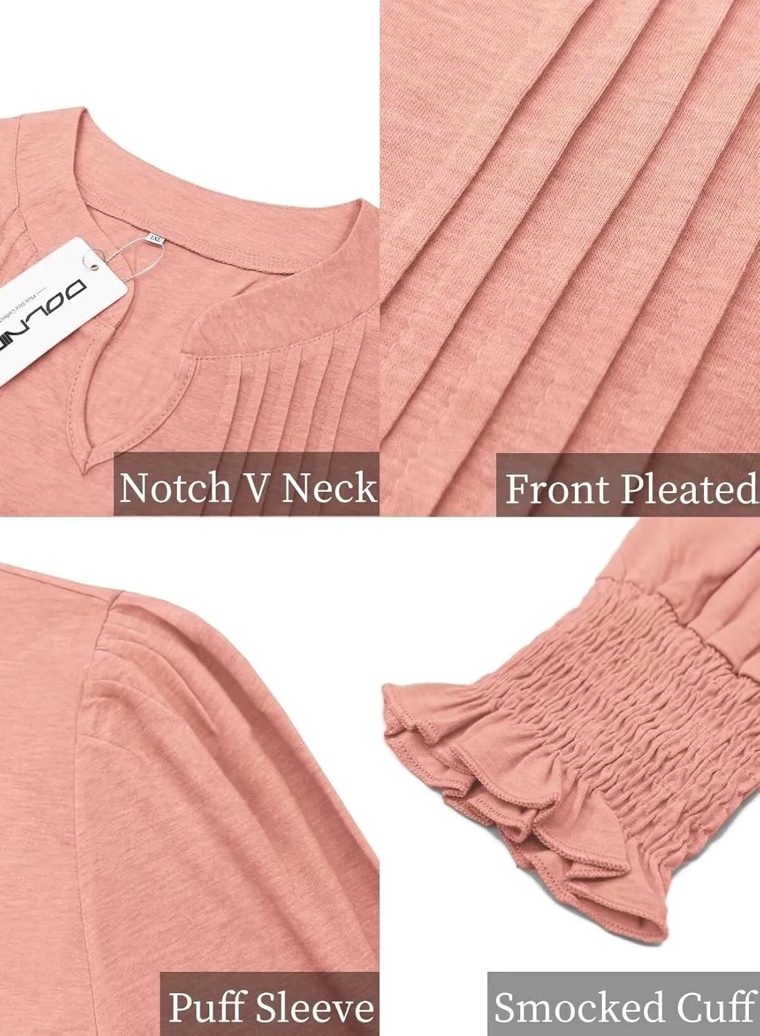 DOLNINE Plus-Size-Tops for Women Notch V Neck Puff Long Sleeve T Shirts Casual Pleated Trendy Smocked Cuffs Tee Tunics XL-5XL