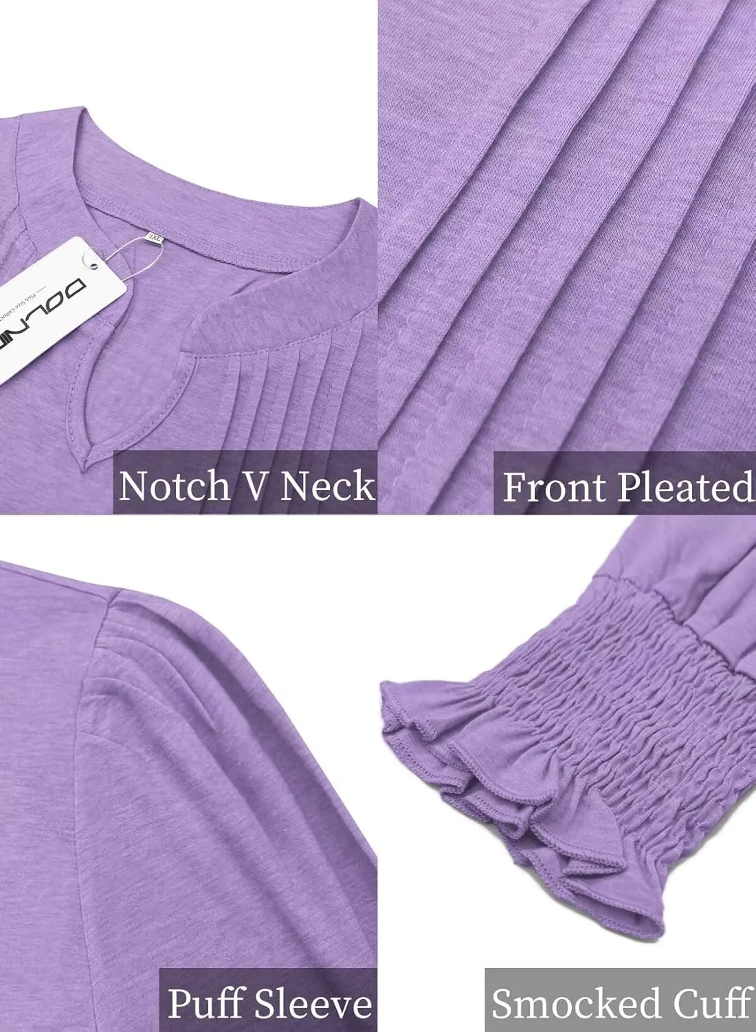 DOLNINE Plus-Size-Tops for Women Notch V Neck Puff Long Sleeve T Shirts Casual Pleated Trendy Smocked Cuffs Tee Tunics XL-5XL