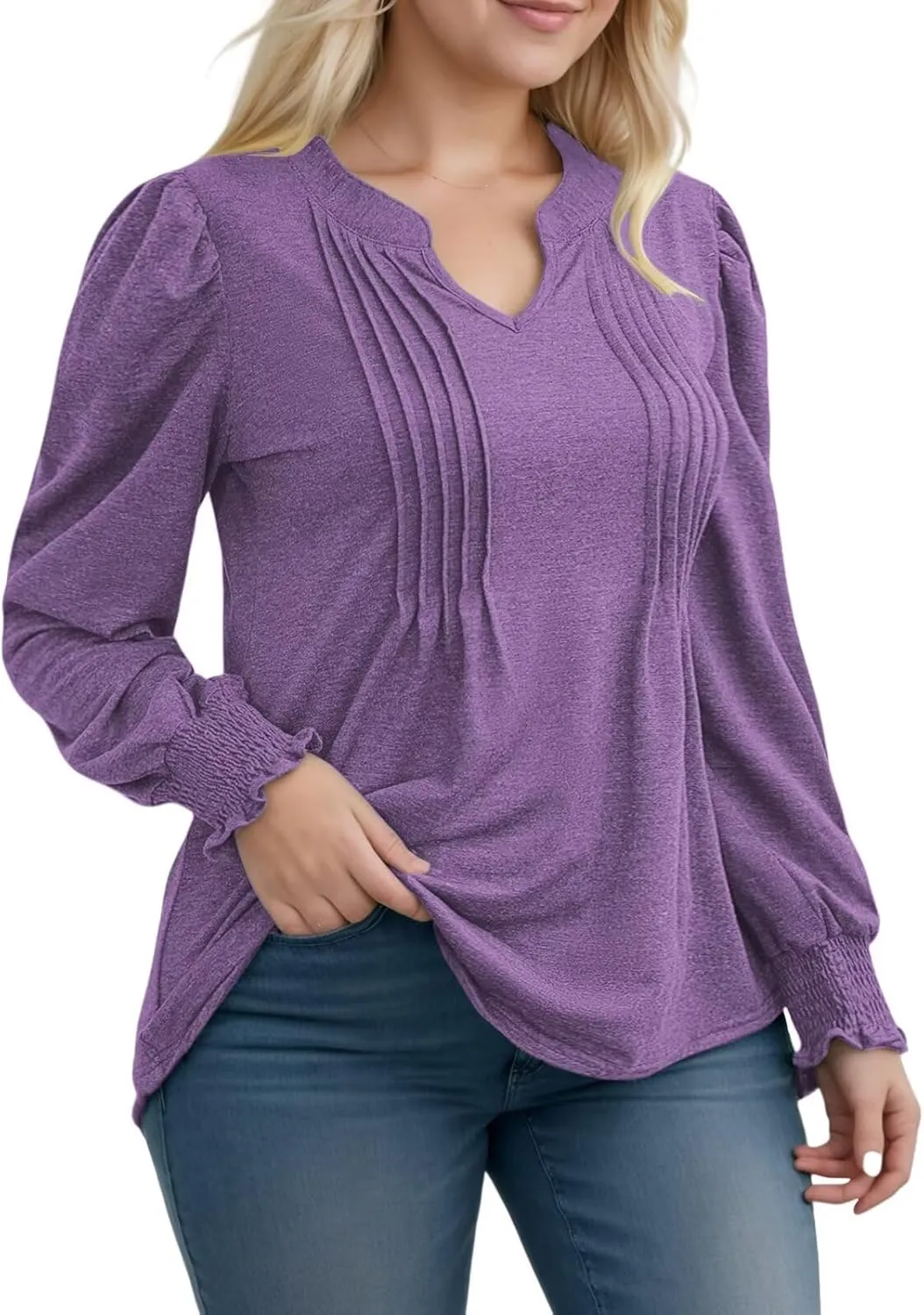 DOLNINE Plus-Size-Tops for Women Notch V Neck Puff Long Sleeve T Shirts Casual Pleated Trendy Smocked Cuffs Tee Tunics XL-5XL