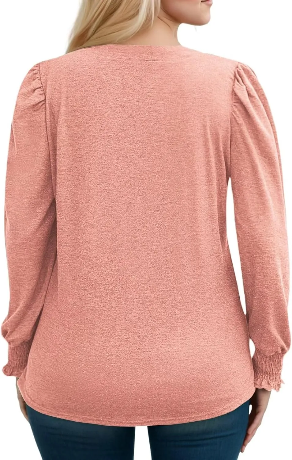 DOLNINE Plus-Size-Tops for Women Notch V Neck Puff Long Sleeve T Shirts Casual Pleated Trendy Smocked Cuffs Tee Tunics XL-5XL