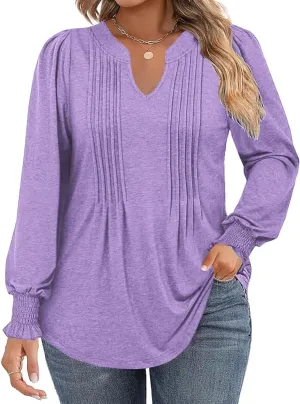 DOLNINE Plus-Size-Tops for Women Notch V Neck Puff Long Sleeve T Shirts Casual Pleated Trendy Smocked Cuffs Tee Tunics XL-5XL