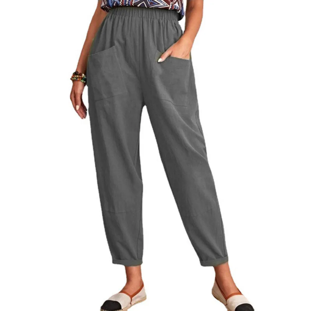 Fashion Cotton Linen Elastic-Waist Pants