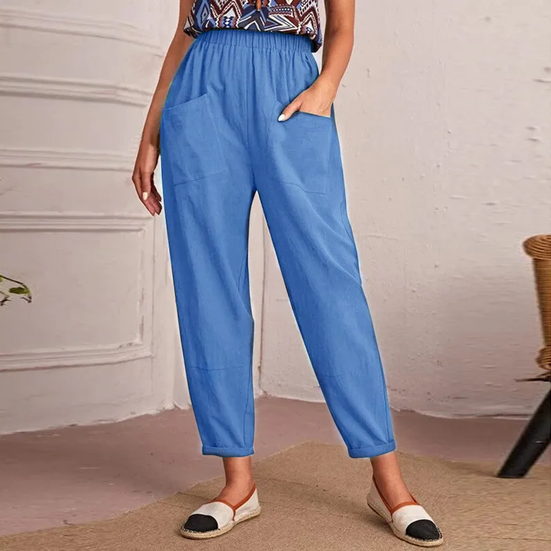 Fashion Cotton Linen Elastic-Waist Pants