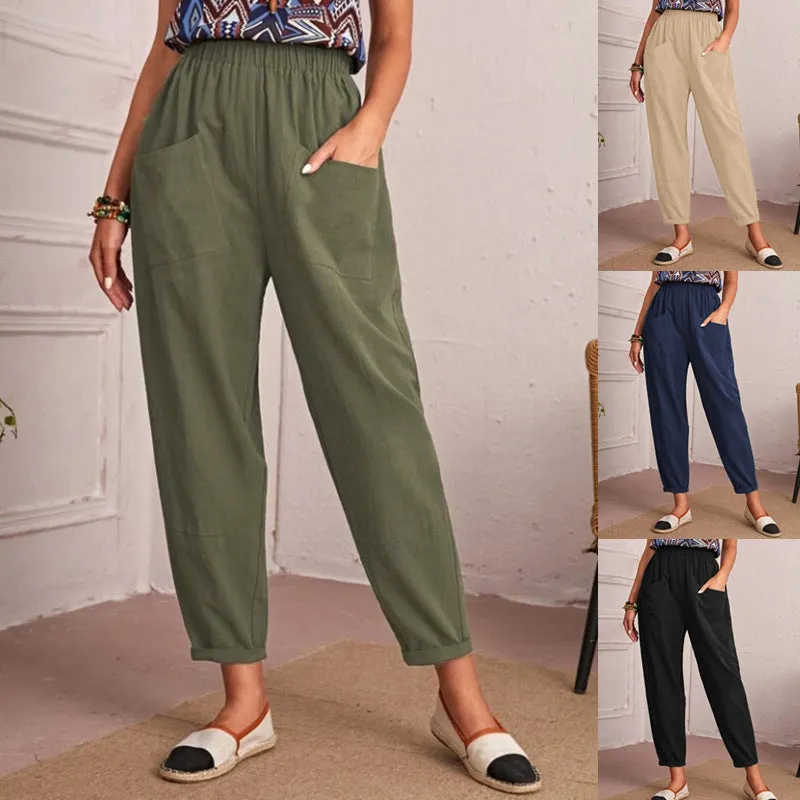 Fashion Cotton Linen Elastic-Waist Pants
