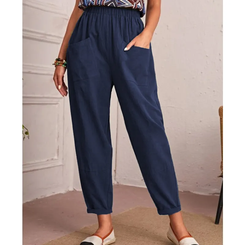 Fashion Cotton Linen Elastic-Waist Pants