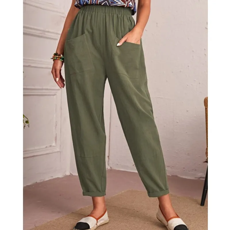 Fashion Cotton Linen Elastic-Waist Pants