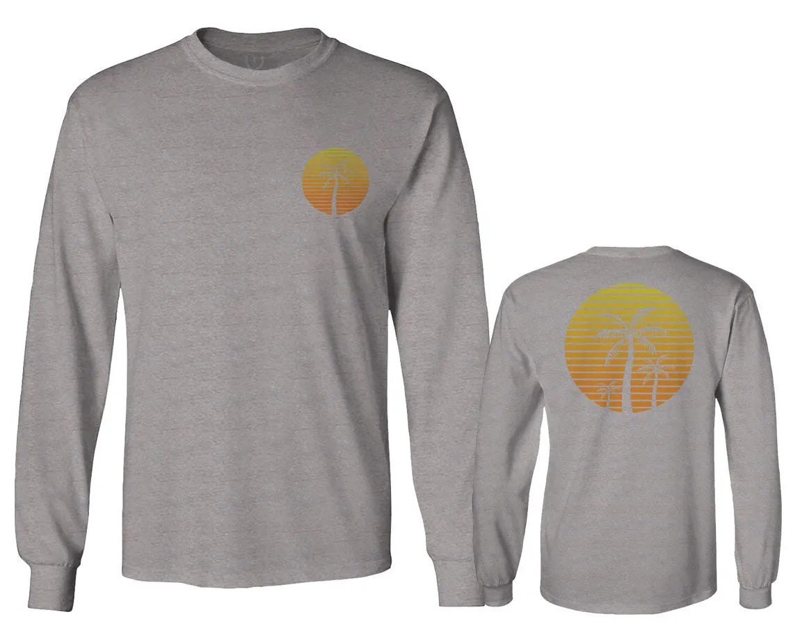 Front and Back Vintage Retro Palm Trees Beach Sunset Tropical Summer Vacation mens Long sleeve t shirt