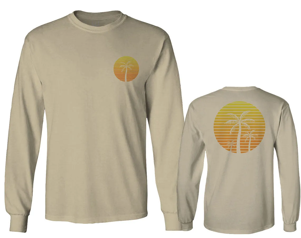 Front and Back Vintage Retro Palm Trees Beach Sunset Tropical Summer Vacation mens Long sleeve t shirt