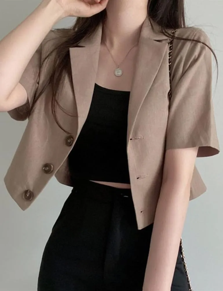 IDEALSANXUN Womens Linen Cropped Blazers Casual Short Sleeve Lightweight Blazer Jackets