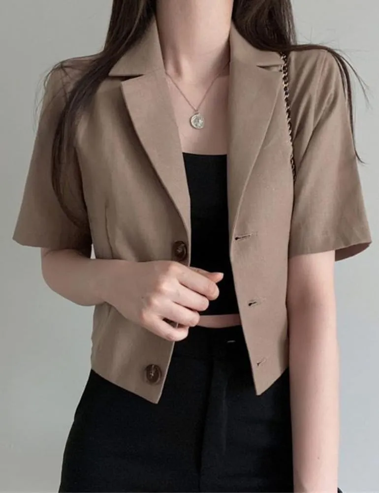 IDEALSANXUN Womens Linen Cropped Blazers Casual Short Sleeve Lightweight Blazer Jackets