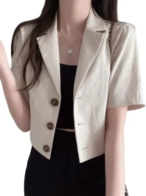 IDEALSANXUN Womens Linen Cropped Blazers Casual Short Sleeve Lightweight Blazer Jackets