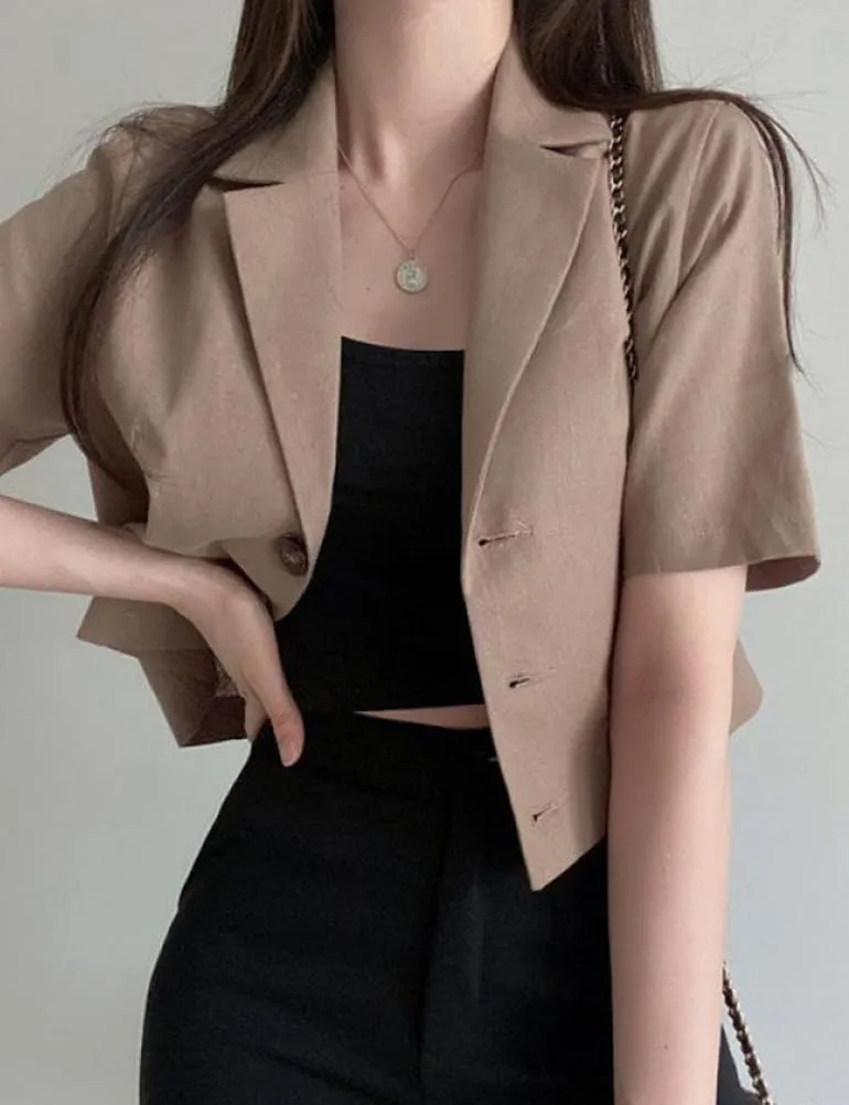 IDEALSANXUN Womens Linen Cropped Blazers Casual Short Sleeve Lightweight Blazer Jackets