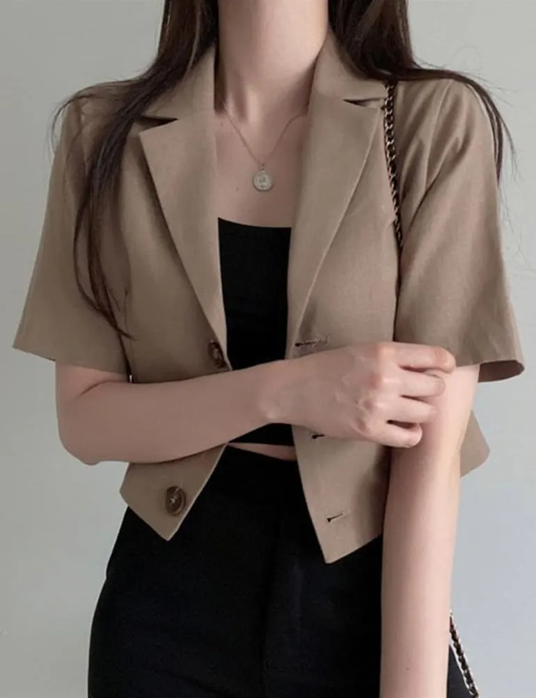 IDEALSANXUN Womens Linen Cropped Blazers Casual Short Sleeve Lightweight Blazer Jackets