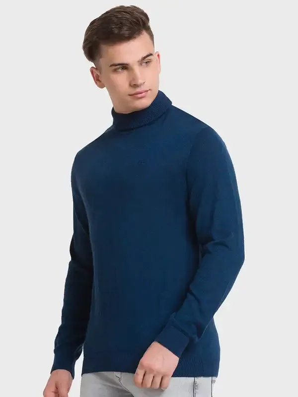 Men Blue Tailored Fit Solid Merino Wool Acrylic Blend Full Sleeve V Neck Collar Sweaters