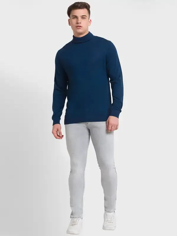 Men Blue Tailored Fit Solid Merino Wool Acrylic Blend Full Sleeve V Neck Collar Sweaters