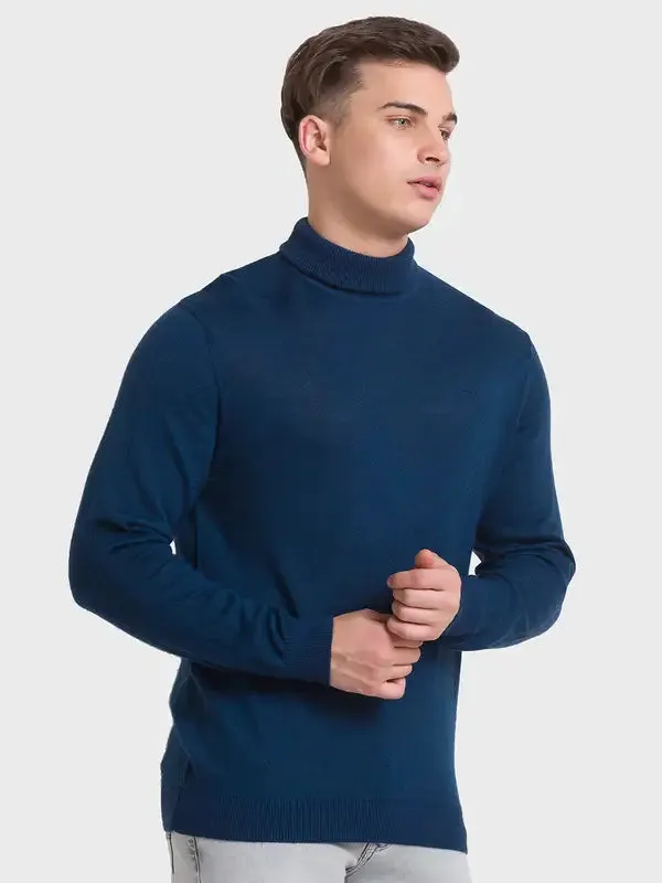 Men Blue Tailored Fit Solid Merino Wool Acrylic Blend Full Sleeve V Neck Collar Sweaters