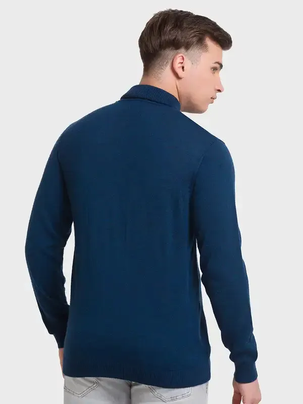Men Blue Tailored Fit Solid Merino Wool Acrylic Blend Full Sleeve V Neck Collar Sweaters