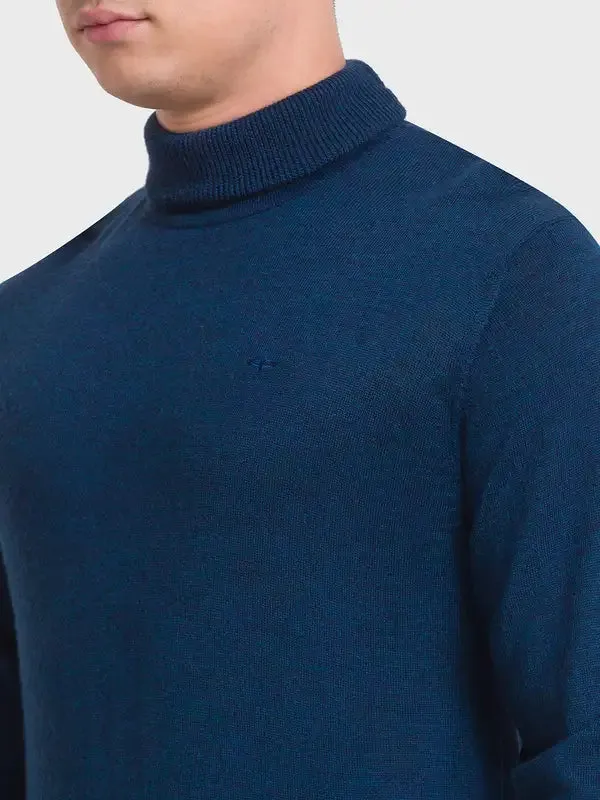 Men Blue Tailored Fit Solid Merino Wool Acrylic Blend Full Sleeve V Neck Collar Sweaters