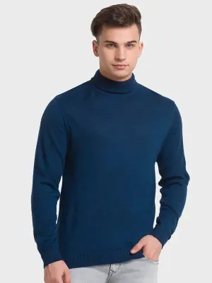 Men Blue Tailored Fit Solid Merino Wool Acrylic Blend Full Sleeve V Neck Collar Sweaters