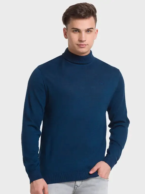 Men Blue Tailored Fit Solid Merino Wool Acrylic Blend Full Sleeve V Neck Collar Sweaters