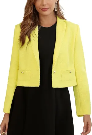 M.Infisavo Women's Crop Tweed Blazer 2025 Fashion Elegant Notch Lapel Open Front Cardigan Casual Office Jacket Pockets