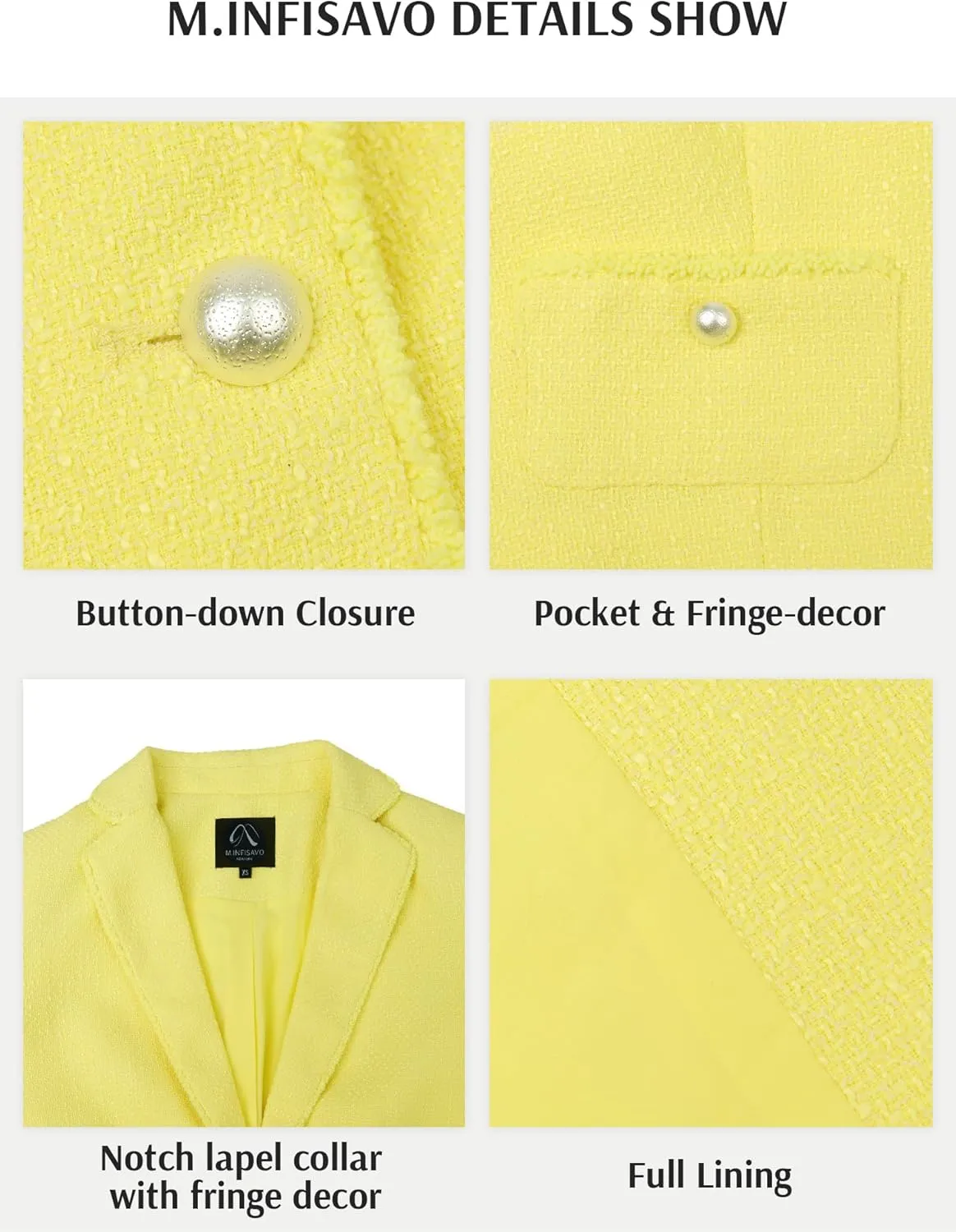 M.Infisavo Women's Crop Tweed Blazer 2025 Fashion Elegant Notch Lapel Open Front Cardigan Casual Office Jacket Pockets