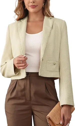 M.Infisavo Women's Crop Tweed Blazer 2025 Fashion Elegant Notch Lapel Open Front Cardigan Casual Office Jacket Pockets