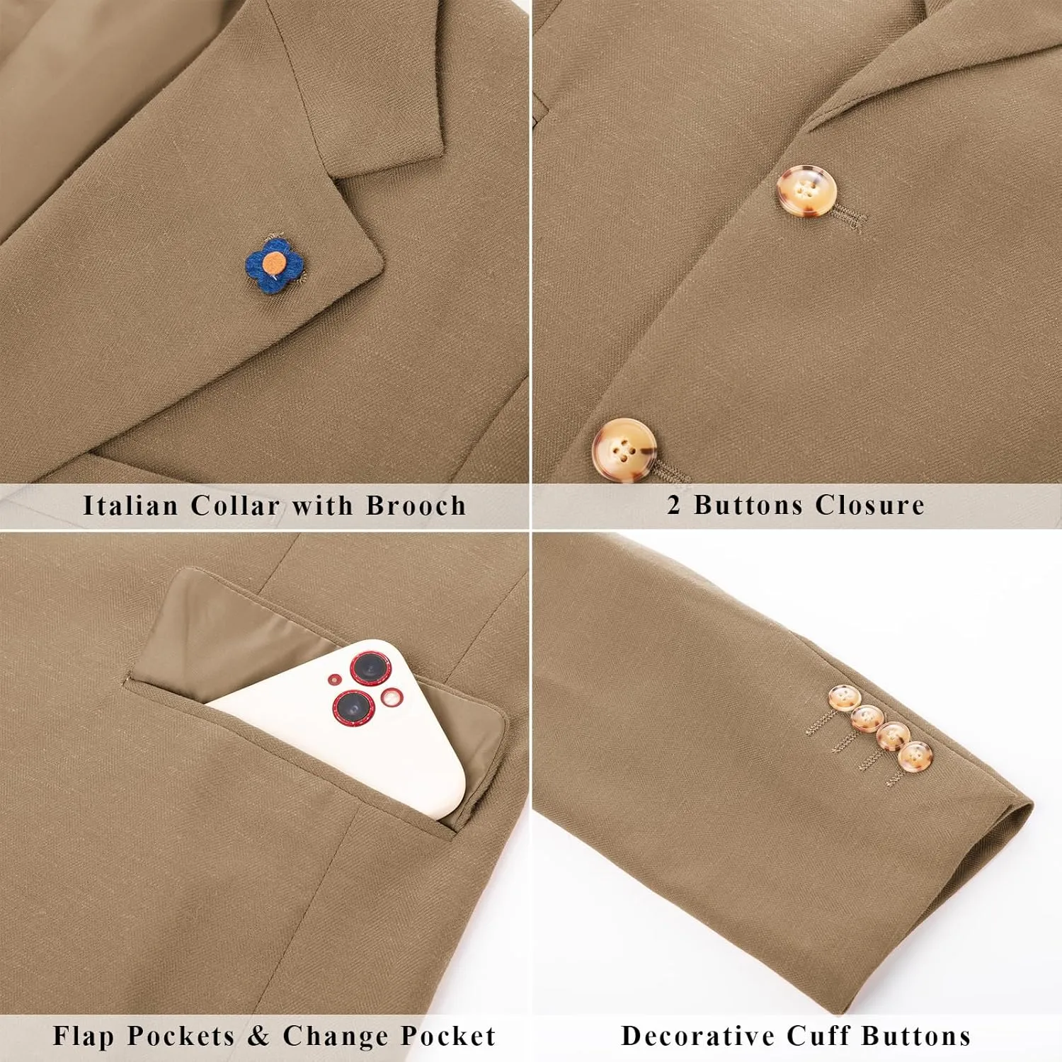 PJ PAUL JONES Men's Sport Coats and Blazers Linen Cotton Blazer Regular Fit 2 Buttons Suit Jacket with Removable Brooch