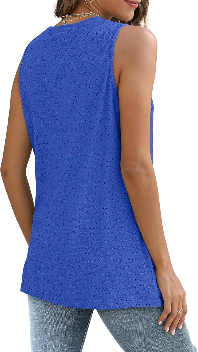 SAMPEEL Womens Tank Tops Eyelet Loose Casual Summer Tops Crew Neck Basic Sleeveless Shirts Trendy 2025