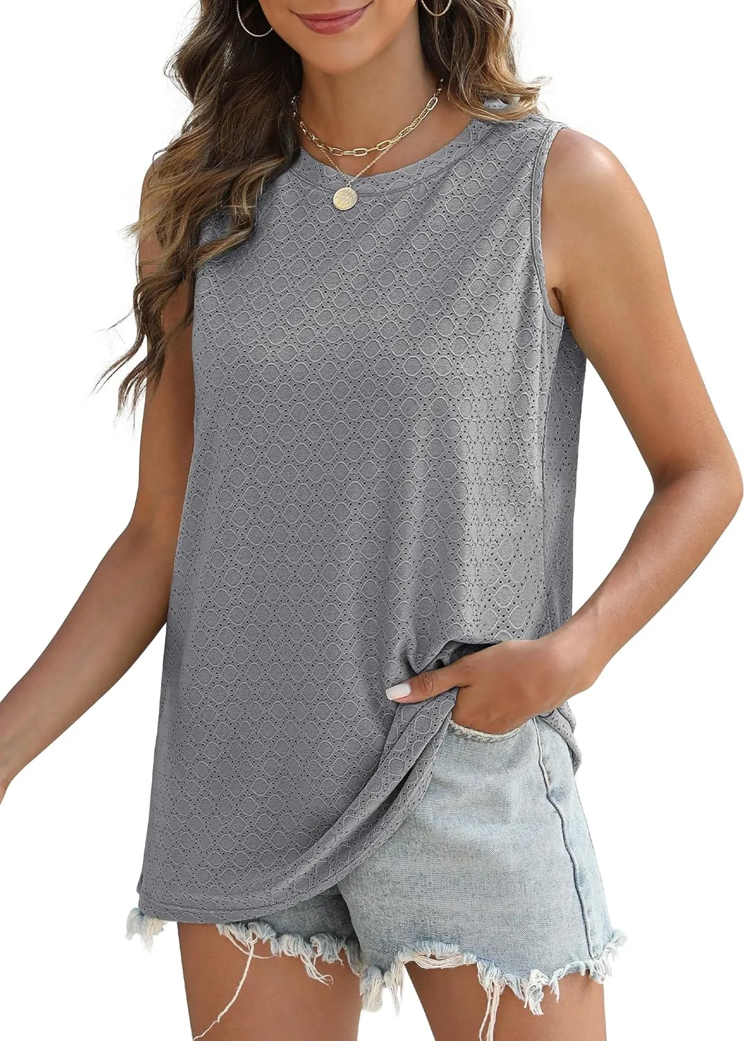 SAMPEEL Womens Tank Tops Eyelet Loose Casual Summer Tops Crew Neck Basic Sleeveless Shirts Trendy 2025