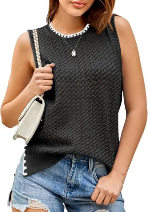 Saodimallsu Womens Sleeveless Knit Sweater Vest Crochet Color Block Stitched Crew Neck Cropped Casual Tops