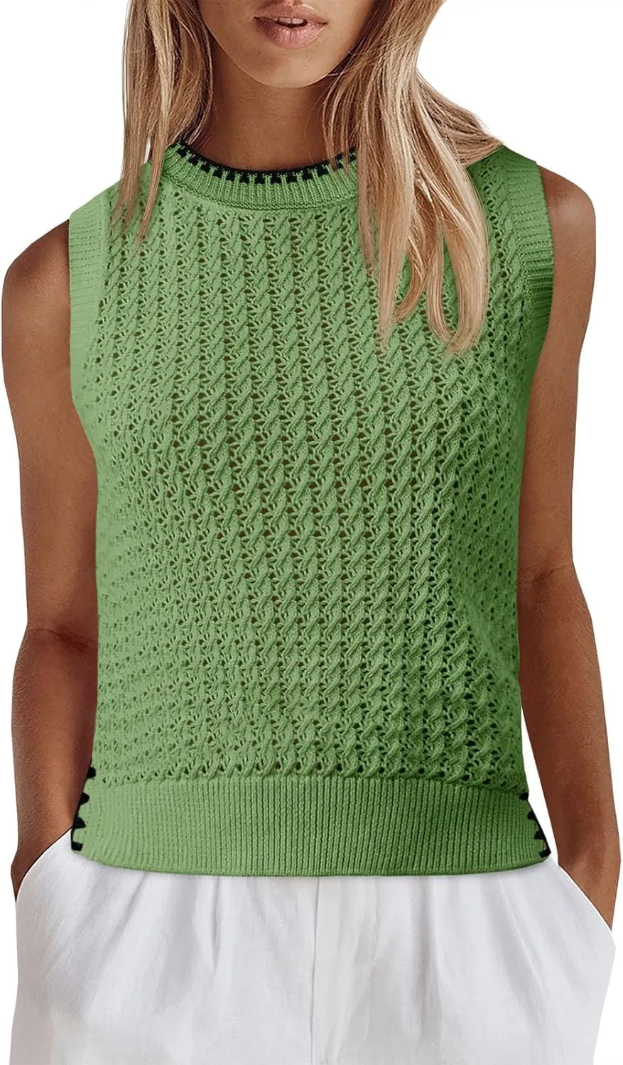 Saodimallsu Womens Sleeveless Knit Sweater Vest Crochet Color Block Stitched Crew Neck Cropped Casual Tops