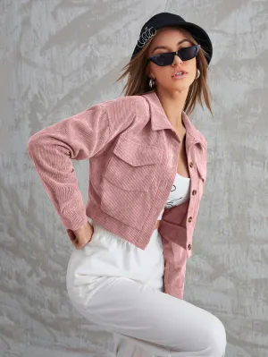 SHEIN Mulvari Corduroy Flap Pocket Button Up Crop Jacket