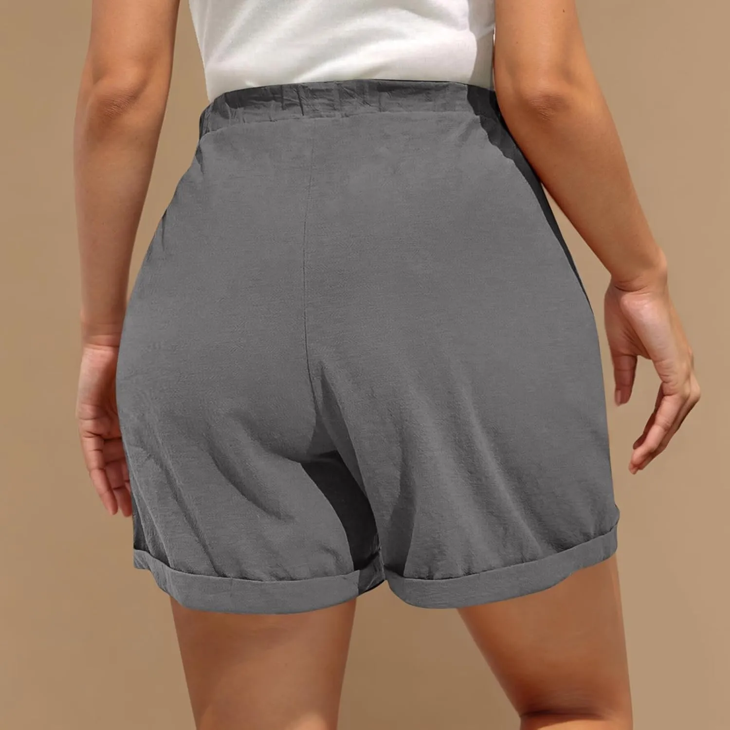 Shorts for Women Summer Drawstring Elastic High Waisted Wide Leg Casual Loose Cuffed Hem Work Shorts with Pockets
