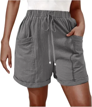 Shorts for Women Summer Drawstring Elastic High Waisted Wide Leg Casual Loose Cuffed Hem Work Shorts with Pockets