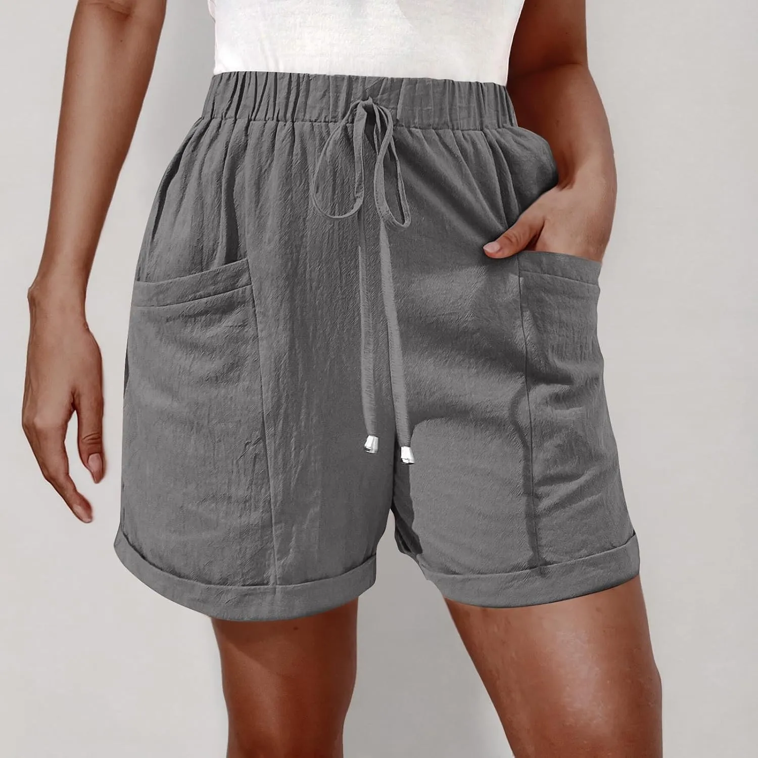 Shorts for Women Summer Drawstring Elastic High Waisted Wide Leg Casual Loose Cuffed Hem Work Shorts with Pockets