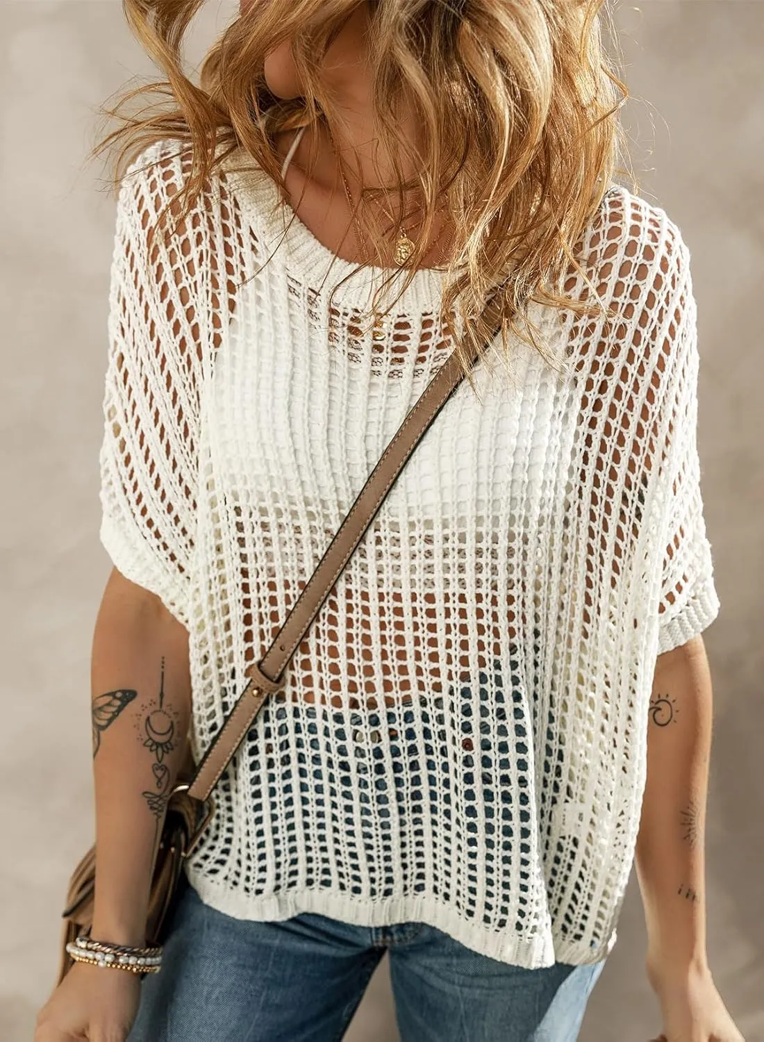 Sidefeel Women's Crochet Tops Short Sleeve Sweater 2025 Fashion Hollow Out Scoop Neck Pullover Knit Tops Cover Ups