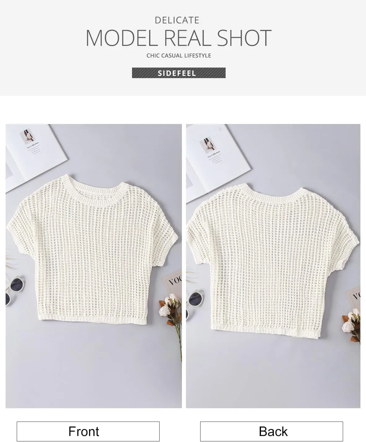Sidefeel Women's Crochet Tops Short Sleeve Sweater 2025 Fashion Hollow Out Scoop Neck Pullover Knit Tops Cover Ups