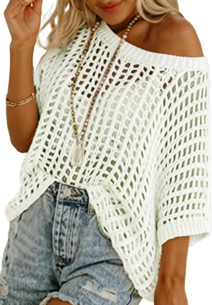 Sidefeel Women's Crochet Tops Short Sleeve Sweater 2025 Fashion Hollow Out Scoop Neck Pullover Knit Tops Cover Ups