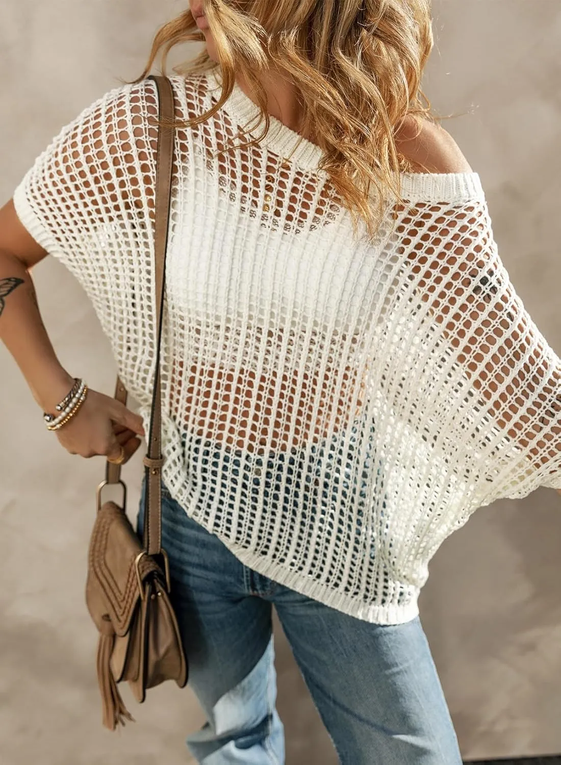 Sidefeel Women's Crochet Tops Short Sleeve Sweater 2025 Fashion Hollow Out Scoop Neck Pullover Knit Tops Cover Ups