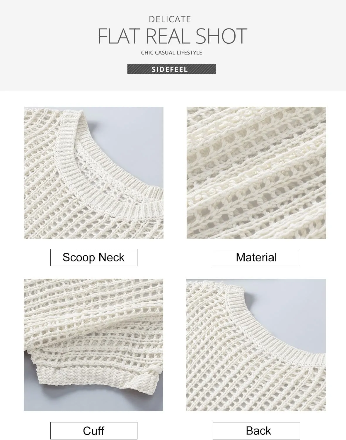 Sidefeel Women's Crochet Tops Short Sleeve Sweater 2025 Fashion Hollow Out Scoop Neck Pullover Knit Tops Cover Ups